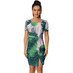 Green And White Polygonal Mountain Fitted Knot Split End Bodycon Dress by Cendanart