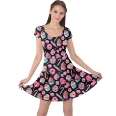 Black Yummy Colorful Sweet Lollipop Candy Macaroon Cupcake Donut Seamless Cap Sleeve Dress by CoolDesigns