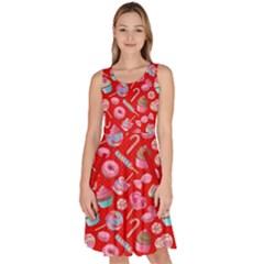 Red Yummy Sweet Lollipop Candy Macaroon Cupcake Donut Seamless Knee Length Skater Dress With Pockets  by CoolDesigns