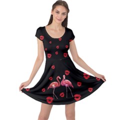 Lips Love Flamingo Couple Black Cap Sleeve Dress