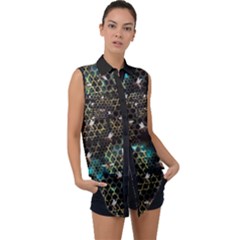 Bee Honeycombs Black Honey Insect Sleeveless Chiffon Button Shirt