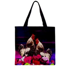 Hot Pink & Black Rooster Chicken Pattern Zipper Grocery Tote Bag by CoolDesigns