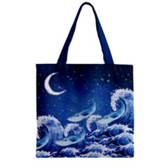 Dark Blue Whale Waves Print Zipper Grocery Tote Bag by CoolDesigns