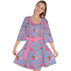 Dodger Blue Lollipop Candy Macaroon Cupcake Donut Velour Kimono Dress by CoolDesigns