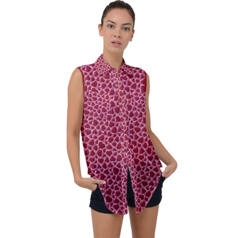 Seamless Hearts Dark Red Sleeveless Chiffon Button Shirt by CoolDesigns