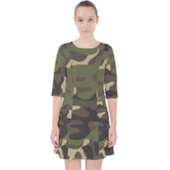 Texture Military Camouflage Repeats Seamless Army Green Hunting Quarter Sleeve Pocket Dress by Bedest