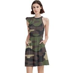 Texture Military Camouflage Repeats Seamless Army Green Hunting Cocktail Party Halter Sleeveless Dress With Pockets by Bedest