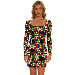 Graphic Pattern Rubiks Cube Long Sleeve Square Neck Bodycon Velvet Dress