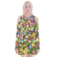 Star Colorful Christmas Abstract Velvet Long Sleeve Shoulder Cutout Dress by Cendanart