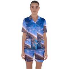 Earth Blue Galaxy Sky Space Satin Short Sleeve Pajamas Set by Cemarart