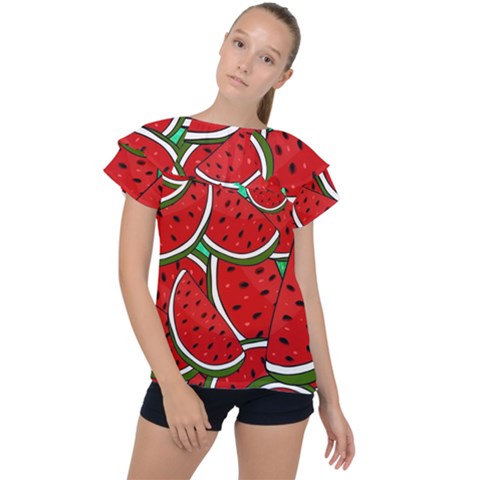 Summer Watermelon Fruit Ruffle Collar Chiffon Blouse by Cemarart