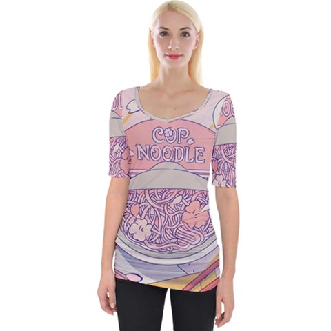 Ramen Kawaii Aesthetic Pink Wide Neckline T-shirt by Cemarart