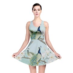 Couple Peacock Bird Spring White Blue Art Magnolia Fantasy Flower Reversible Skater Dress by Ndabl3x