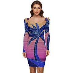 Abstract 3d Art Holiday Island Palm Tree Pink Purple Summer Sunset Water Women Long Sleeve Ruched Stretch Jersey Dress by Cemarart