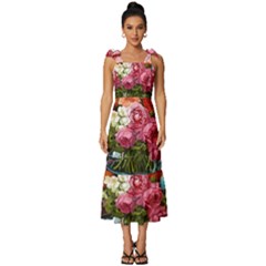 Flower And Parrot Art Flower Painting Tie-strap Tiered Midi Chiffon Dress