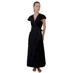 Simple Starry Sky, Alone, Black, Dark, Nature Flutter Sleeve Maxi Dress