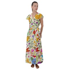 Colorful Flowers Pattern, Abstract Patterns, Floral Patterns Flutter Sleeve Maxi Dress