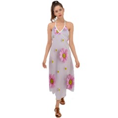 Springpurple Flower On A Purple Background Halter Tie Back Dress 