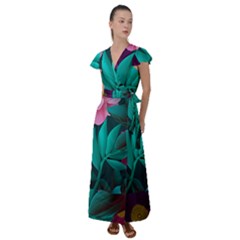 Flowers, Mate, Pink, Purple, Stock Wall Flutter Sleeve Maxi Dress