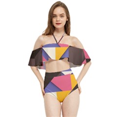 Retro Colorful Background, Geometric Abstraction Halter Flowy Bikini Set 