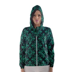 Green Damask Pattern Vintage Floral Pattern, Green Vintage Women s Hooded Windbreaker by nateshop