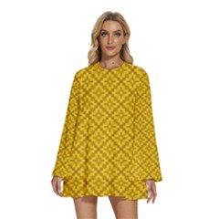 Yellow Floral Pattern Vintage Pattern, Yellow Background Round Neck Long Sleeve Bohemian Style Chiffon Mini Dress