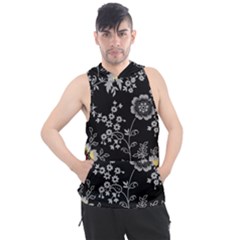 Black Background With Gray Flowers, Floral Black Texture Men s Sleeveless Hoodie