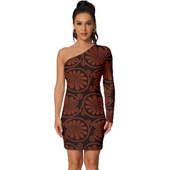 Brown Floral Pattern Floral Greek Ornaments Long Sleeve One Shoulder Mini Dress by nateshop