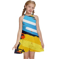 Colorful Paint Strokes Kids  Halter Collar Waist Tie Chiffon Dress