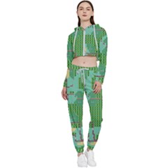 Green Retro Games Pattern Cropped Zip Up Lounge Set