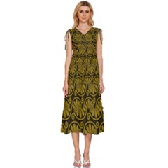 Yellow Floral Pattern Floral Greek Ornaments V-neck Drawstring Shoulder Sleeveless Maxi Dress by nateshop