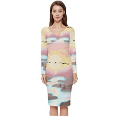 Mountain Birds River Sunset Nature Long Sleeve V-neck Bodycon Dress 