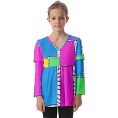 Shapes Texture Colorful Cartoon Kids  V Neck Casual Top by Cemarart