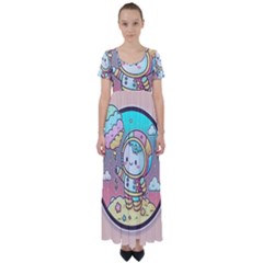 Boy Astronaut Cotton Candy Childhood Fantasy Tale Literature Planet Universe Kawaii Nature Cute Clou High Waist Short Sleeve Maxi Dress by Maspions