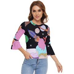 Girl Bed Space Planets Spaceship Rocket Astronaut Galaxy Universe Cosmos Woman Dream Imagination Bed Bell Sleeve Top