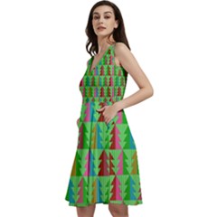 Trees Pattern Retro Pink Red Yellow Holidays Advent Christmas Sleeveless V-neck Skater Dress With Pockets by Maspions