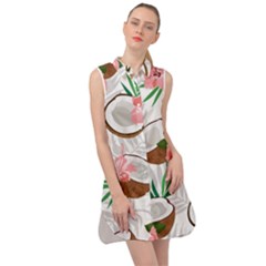 Seamless Pattern Coconut Piece Palm Leaves With Pink Hibiscus Sleeveless Shirt Dress by Apen