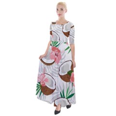 Seamless Pattern Coconut Piece Palm Leaves With Pink Hibiscus Half Sleeves Maxi Dress