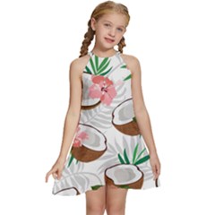 Seamless Pattern Coconut Piece Palm Leaves With Pink Hibiscus Kids  Halter Collar Waist Tie Chiffon Dress by Apen