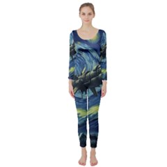 Spaceship Starry Night Van Gogh Painting Long Sleeve Catsuit by Maspions