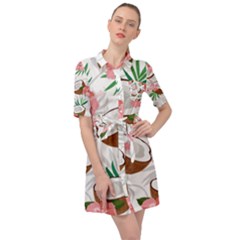 Seamless Pattern Coconut Piece Palm Leaves With Pink Hibiscus Belted Shirt Dress by Apen