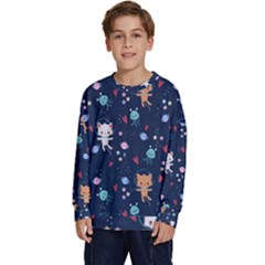 Cute Astronaut Cat With Star Galaxy Elements Seamless Pattern Kids  Crewneck Sweatshirt