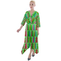 Trees Pattern Retro Pink Red Yellow Holidays Advent Christmas Quarter Sleeve Wrap Front Maxi Dress by Maspions