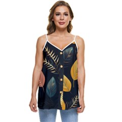 Gold Yellow Leaves Fauna Dark Background Dark Black Background Black Nature Forest Texture Wall Wall Casual Spaghetti Strap Chiffon Top