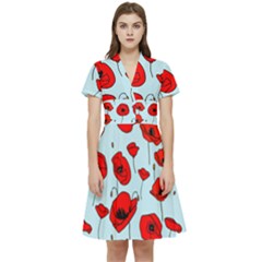 Poppies Flowers Red Seamless Pattern Short Sleeve Waist Detail Dress