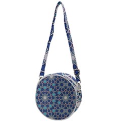 Islamic Ornament Texture, Texture With Stars, Blue Ornament Texture Crossbody Circle Bag