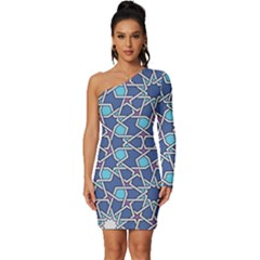 Islamic Ornament Texture, Texture With Stars, Blue Ornament Texture Long Sleeve One Shoulder Mini Dress by nateshop