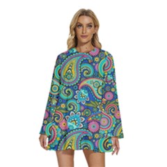 Patterns, Green Background, Texture Round Neck Long Sleeve Bohemian Style Chiffon Mini Dress