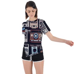 Retro Cameras Old Vintage Antique Technology Wallpaper Retrospective Asymmetrical Short Sleeve Sports T-shirt by Grandong