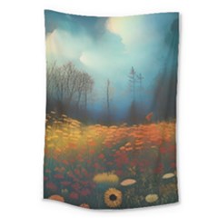 Wildflowers Field Outdoors Clouds Trees Cover Art Storm Mysterious Dream Landscape Large Tapestry by Posterlux